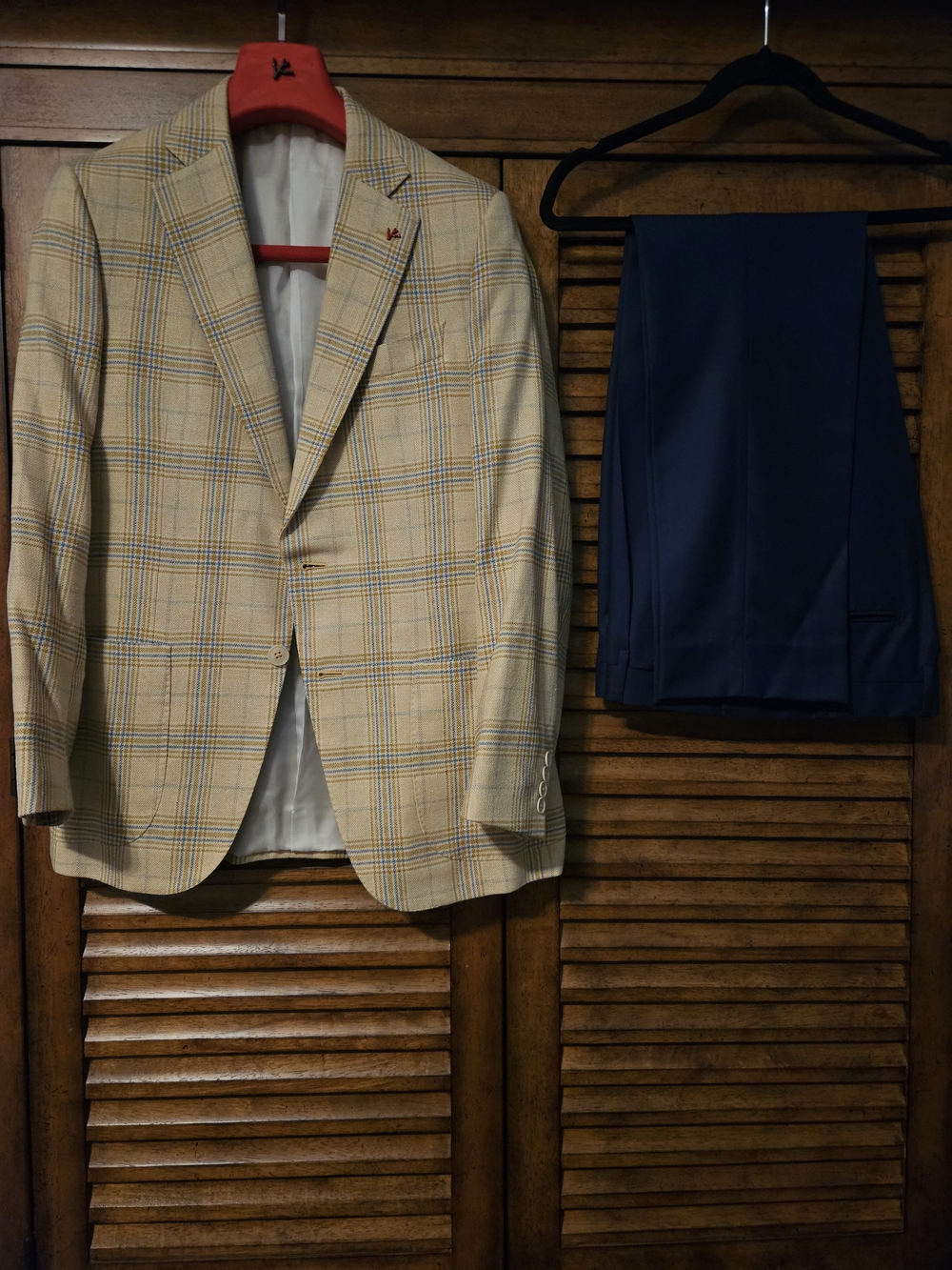 Isaia Beige & Blue Plaid Blazer with Navy Borrelli Trousers - Classic Men's Suit